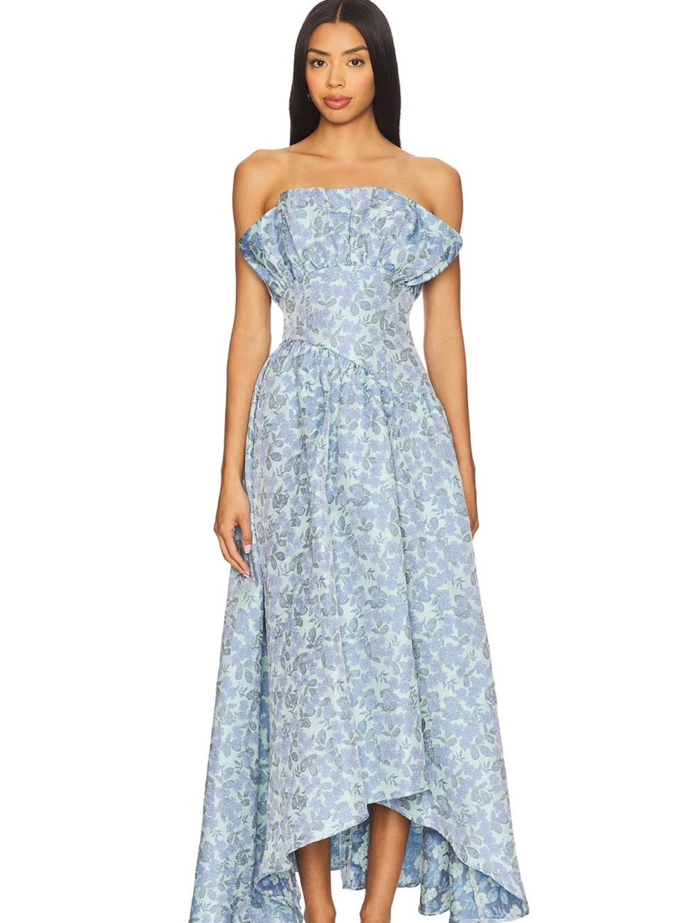 Elliatt Off-Shoulder Blue Floral High-Low Maxi Dress